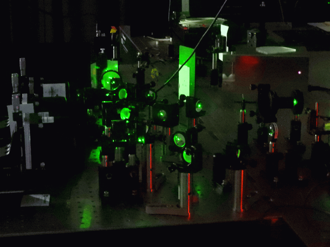 Optics on table with green laser light passing through them