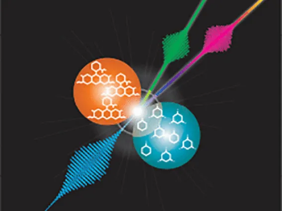 laser beams on a black background interacting with molecules